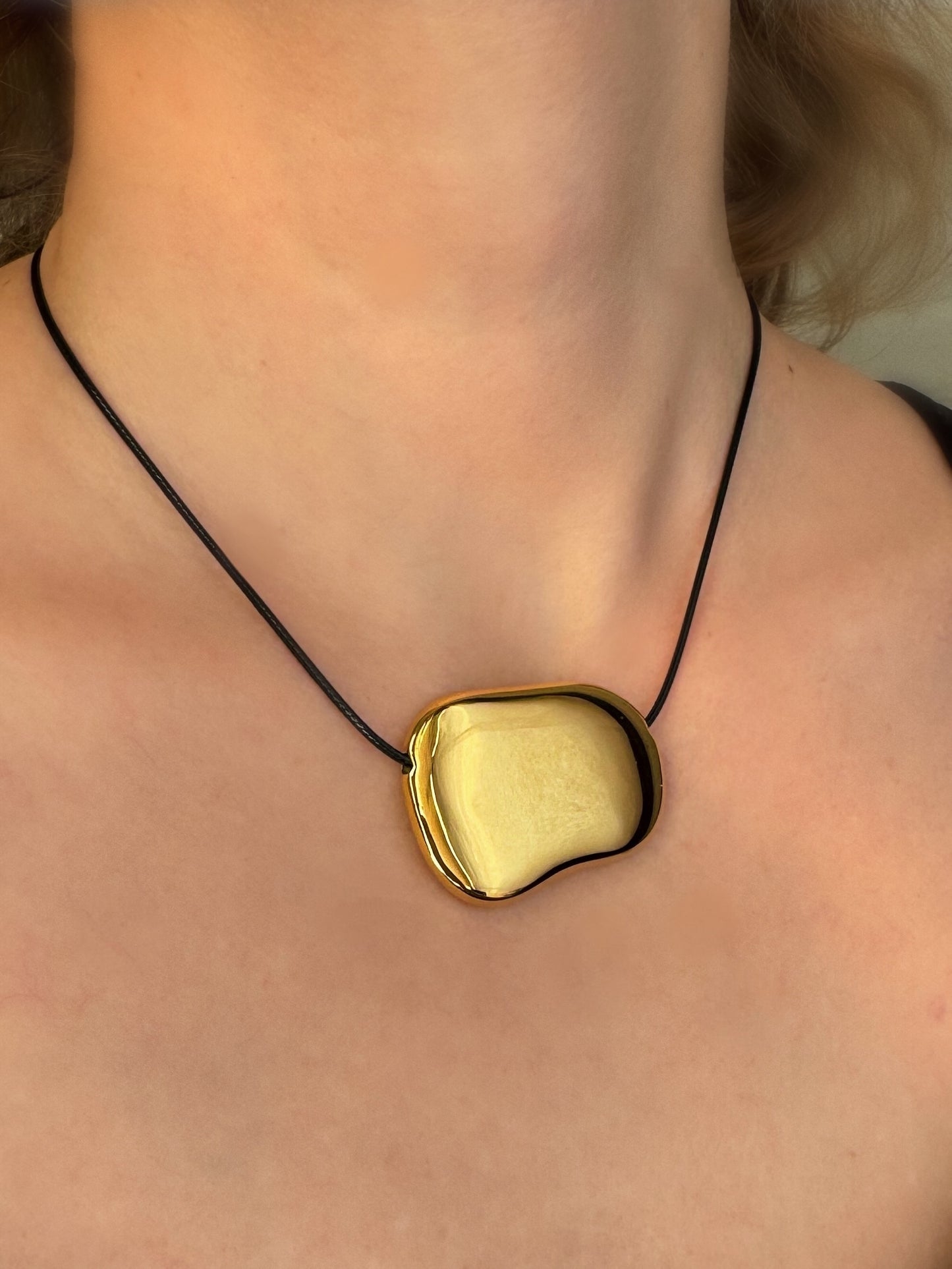 Golden Bean Black Cord Necklace