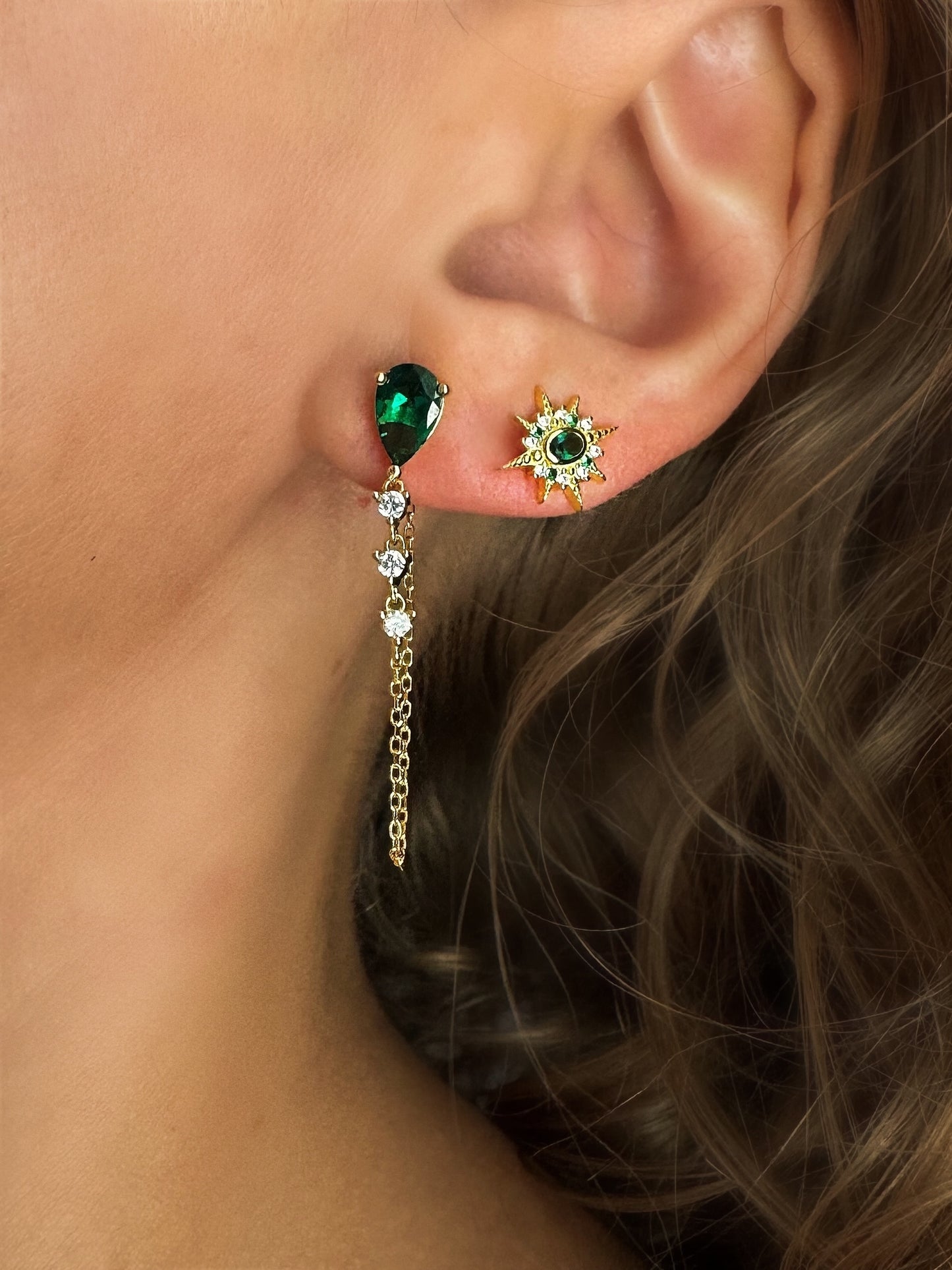 Star&Moon Green Stud Earrings