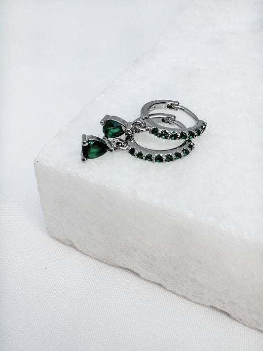 Silver Mini Green Hoop Earrings